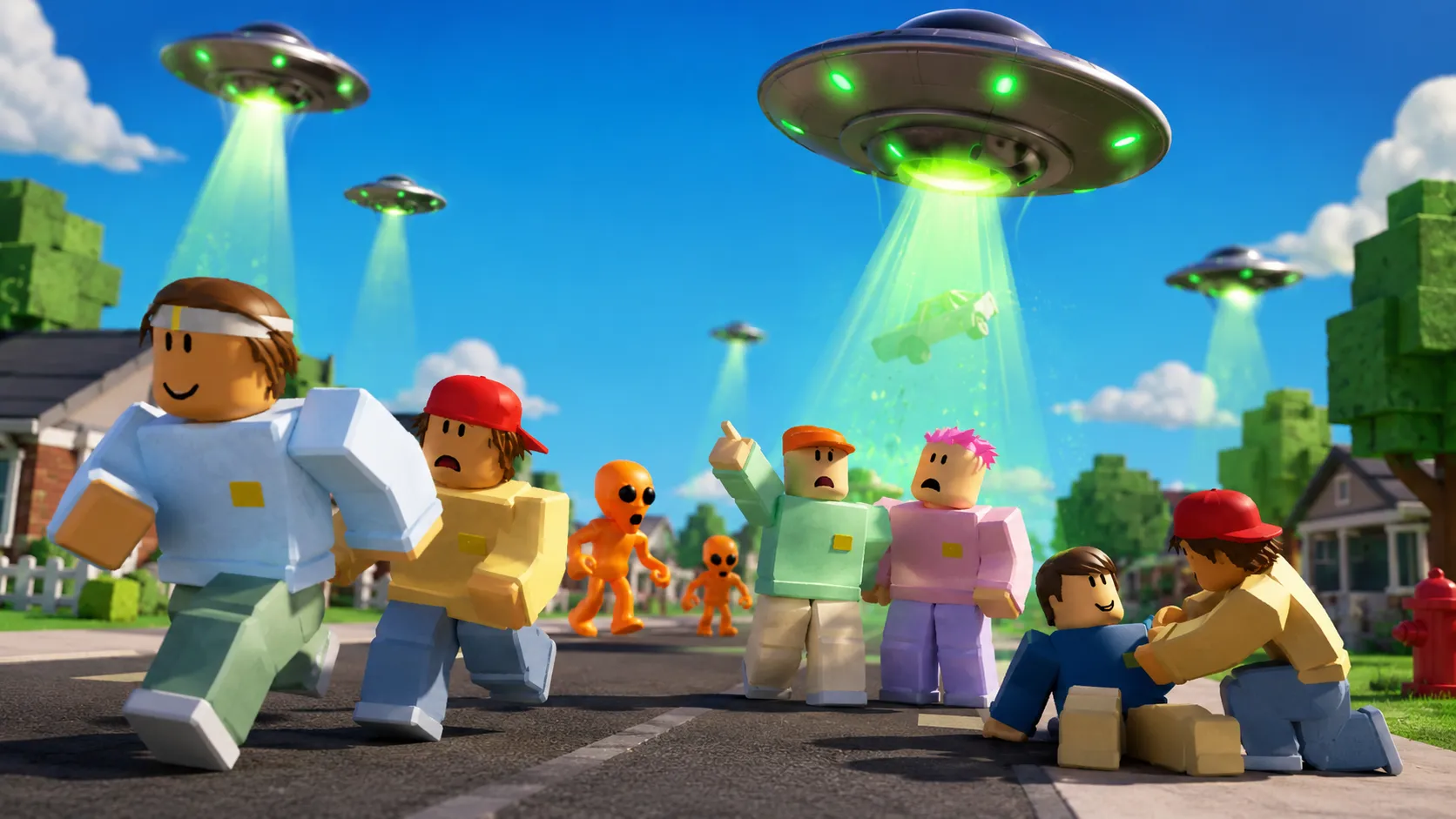 A group of citizens panicking under UFO beams