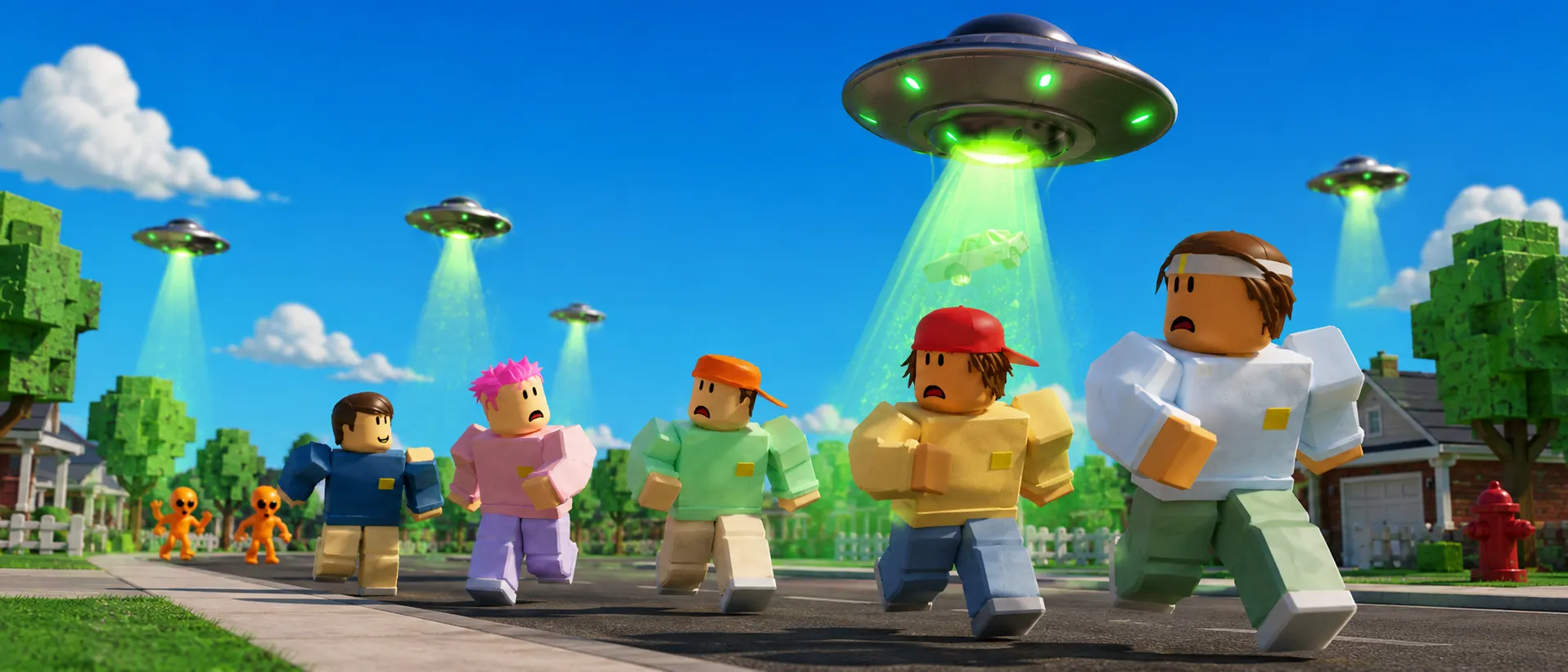 Five citizens running through the streets under multiple beams