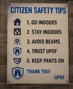 A laminated UPDF citizen safety advisory poster listing tips like 'Do not look up,' 'Stay indoors,' and 'Do not, under any circumstances, attempt diplomacy.'