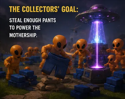 Collector minions sort pants into towering piles inside the mothership processing bay. From the Collective's view, this is not theft — it is inventory management.