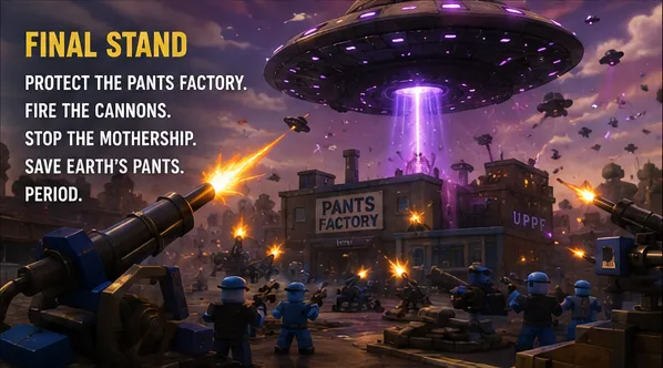 The Final Stand. Pants Factory cannons fire skyward against the descending mothership while UPDF Defenders hold the perimeter.