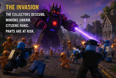 An Overlord directs swarms of minions through Suburbia streets while Defenders return fire and citizens panic in the background.