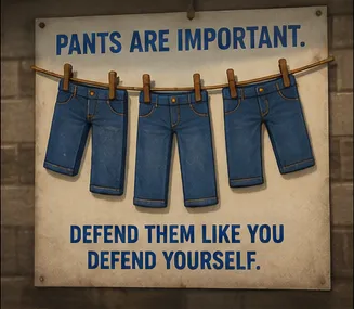 A handmade Suburbia clothesline poster reading 'Pants are important.' — a UPDF community reminder of what is at stake.