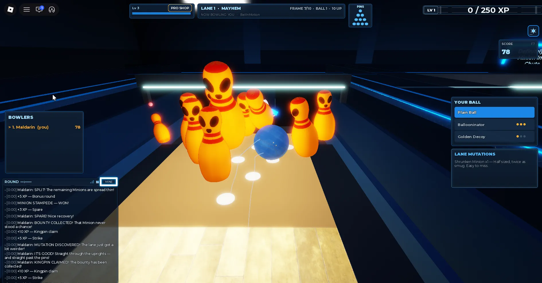 Orange Minion pins face a blue bowling ball on a NOPAS lane